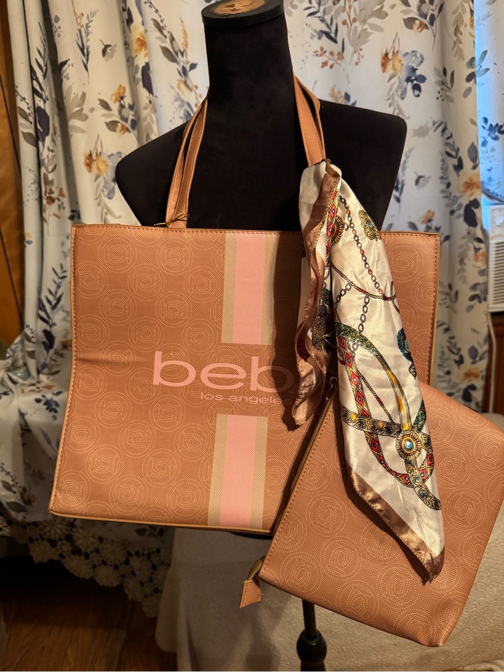 bebe Pink Tan Tote with Matching Pouch and Decorative Scarf NEW